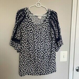 Anthropologie Navy White Postmark‎ Blue Floral Bell Sleeve Blouse